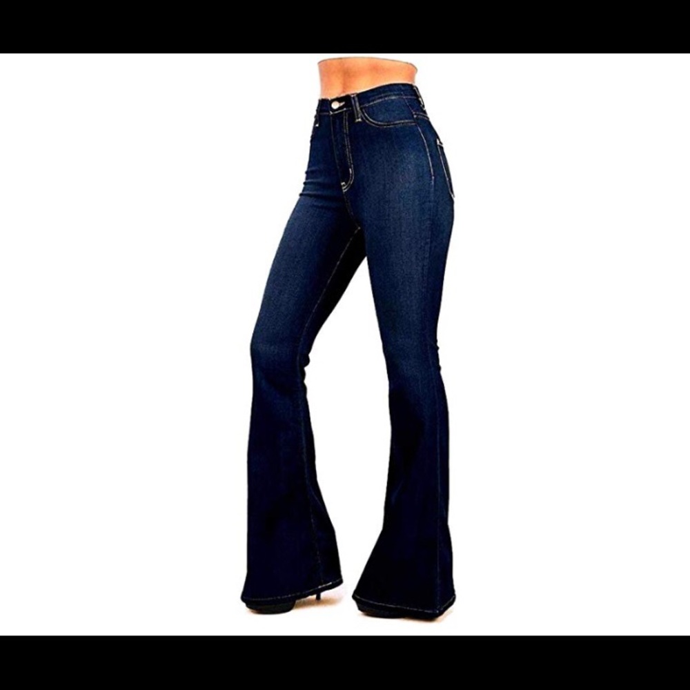 High Waist womens Flare Bell Bottom 70s blue Jeans - Picture 4 of 5